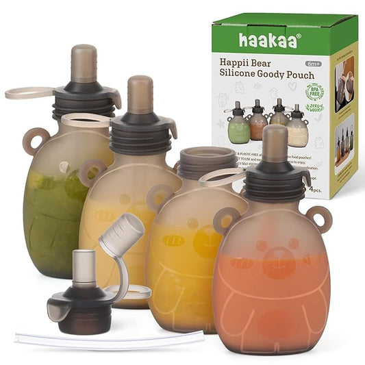 Haakaa Happii Bear Silicone Goody Pouch,Reusable Baby Food Pouches for Homemade Organic Purees, Juices, Smoothies, and Yogurt - Perfect for Toddlers and Kids - 4 Pack, 6oz