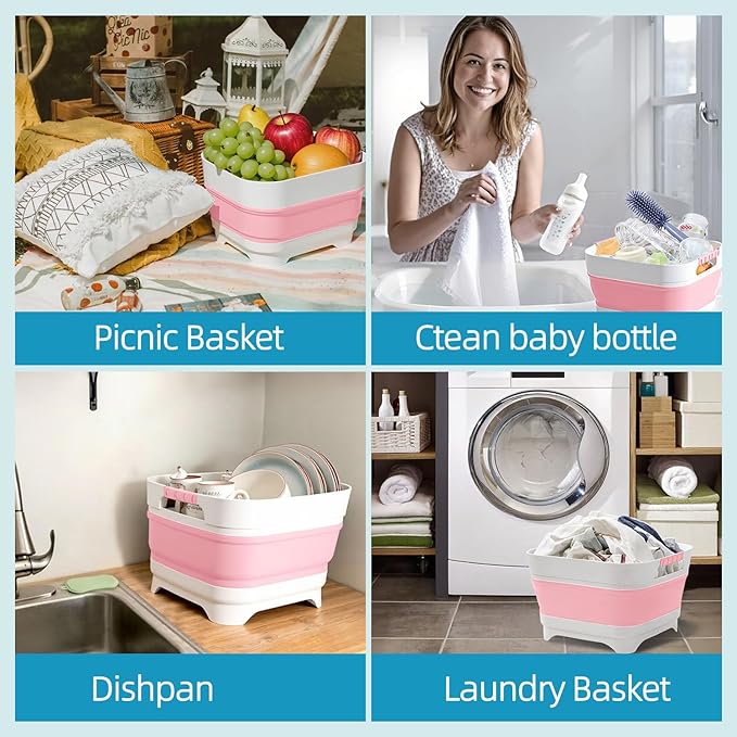Collapsible Wash Basin for Baby Bottles - 2.4 Gallons Portable Wash Bin for RV Camping Sink, Space-Saving Dish Tub.Laundry & Utility Room Sinks (Pink)