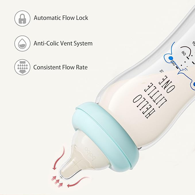 YOHKOH Natural Glass Baby Bottle with Natural Response Nipple, Newborn Anti-Colic Baby Bottles, Wide Neck Mushroom Cap Baby Bottle, Clear (8.8ounce (Pack of 4), Blue1)