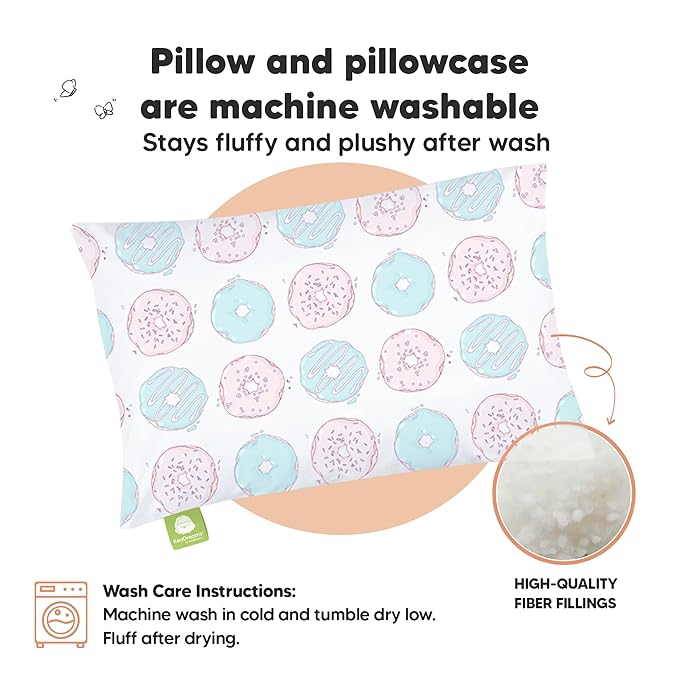 Toddler Pillow with Pillowcase - 13x18 My Little Dreamy Kids Travel Bed Pillows for Sleeping, Organic Cotton Small Pillowcase, Soft & Breathable, Machine Washable, Toddlers 2-5 Years Old (Donuts)