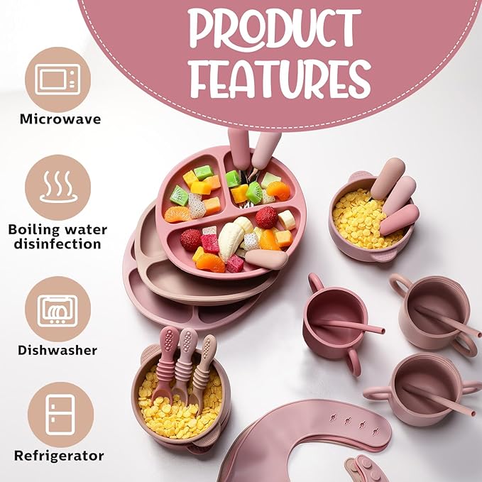 Yinder 24 Pack Silicone Baby Feeding Set Baby LED Weaning Supplies Includes Suction Divided Plates Soft Bowl Spoons Forks Adjustable Bib Snack Cup and Straws(Dark Pink, Dusty Pink, Peach Color)