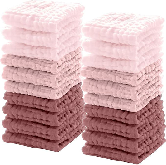 Breling 20 Pcs Baby Muslin Washcloth 12 x 12 Inch 100% Cotton Soft and Absorbent Muslin Washcloth Burp Cloth Wipe Newborn Face Towel for Baby Boy Girl Sensitive Skin(Pink, Bean Paste, Dark Pink)