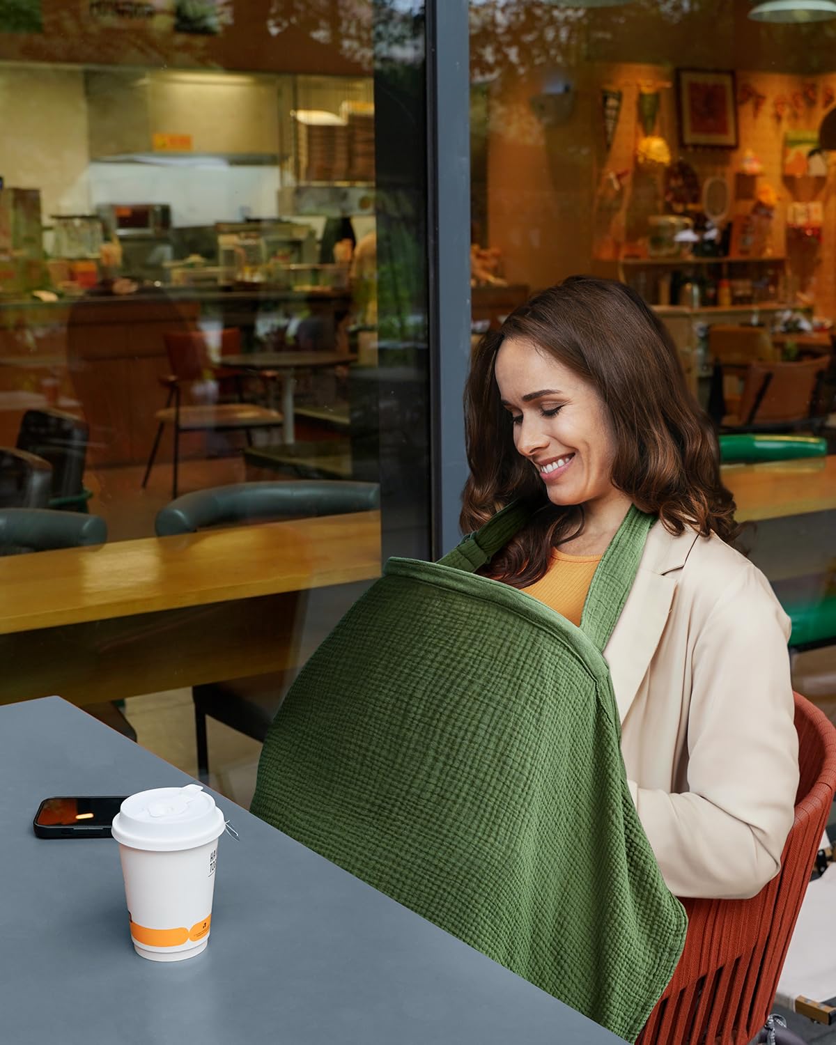 Blissful Diary Muslin Nursing Cover for Breastfeeding, Breathable Breastfeeding Cover up with Arch Neckline for Women, Nursing Apron (Dark Green)