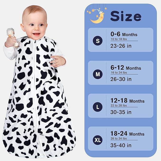 Baby Sleep Sack 0-6 Months Baby Wearable Blanket 100% Rayon Cotton 2-Way Zipper Toddler Sleeping Sack，Comfy Soft Lightweight TOG 0.3（Cow Print）