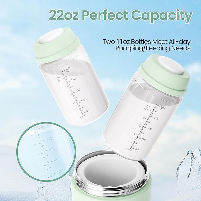Pinkart 22oz Breast Milk Cooler Bottle, 360° Cooling for 24 Hours, Portable Breastmilk Chiller with 2pcs Bottles, TSA-Approved, Non-Slip Frosted Anti-Scratch Design