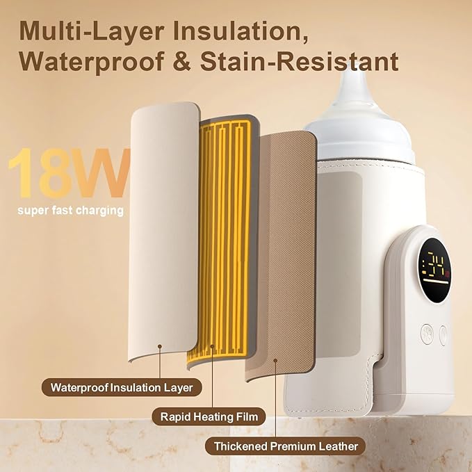 18W Portable Baby Bottle Warmer for Travel – Fast, Waterless Milk Heater for Breastmilk & Formula | USB Rechargeable Bottle Warmer with Precise Temperature Control – Essential for On-The-Go Feeding