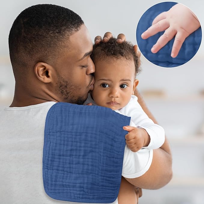 Yoofoss Muslin Burp Cloths for Baby 10 Pack 100% Cotton Baby Washcloths for Boys Girls Large 20''X10'' Super Soft and Absorbent Progressive Blue