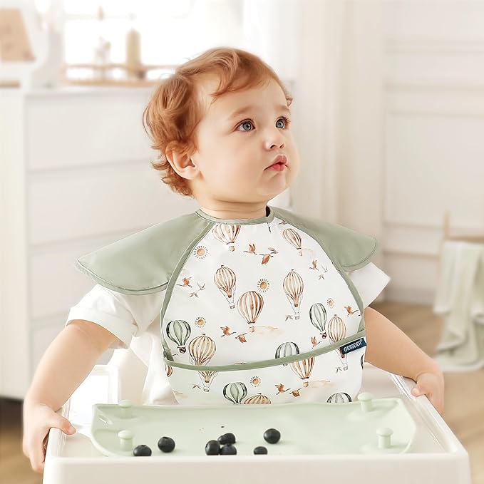 GRSSDER 3-pack Mess Proof Baby Feeding Bibs with Food Catcher Pocket, Soft Lightweight Waterproof Fabric Material with Zero Plastic-like Feel, Adjustable and Easy Clean Toddler Bibs for 6-36 Months