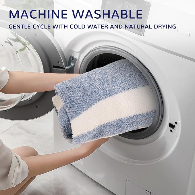 NEXHOME PRO Stripe Cozy Blanket Twin, Knit Fuzzy Throw Blanket for Couch Bed Sofa Picnic, Ultra Soft Blankets for Women Gifts Blue50 x 60 inches