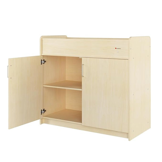 Foundations SafeSwing Daycare Changing Table, Formerly SafetyCraft - Durable Wood Cabinet with 2 Built-in Shelves - Storage w/Soft Close Hinges, Includes Durable Mattress Pad - Natural