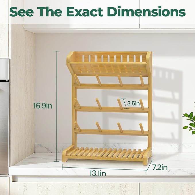 EsLuker.ly Baby Bottle Drying Rack Bamboo Vertical Dryer Holder, Space Saving for 12 Milk Glass Bottle Countertop, Wooden Drain Stand Shelf for New Parents