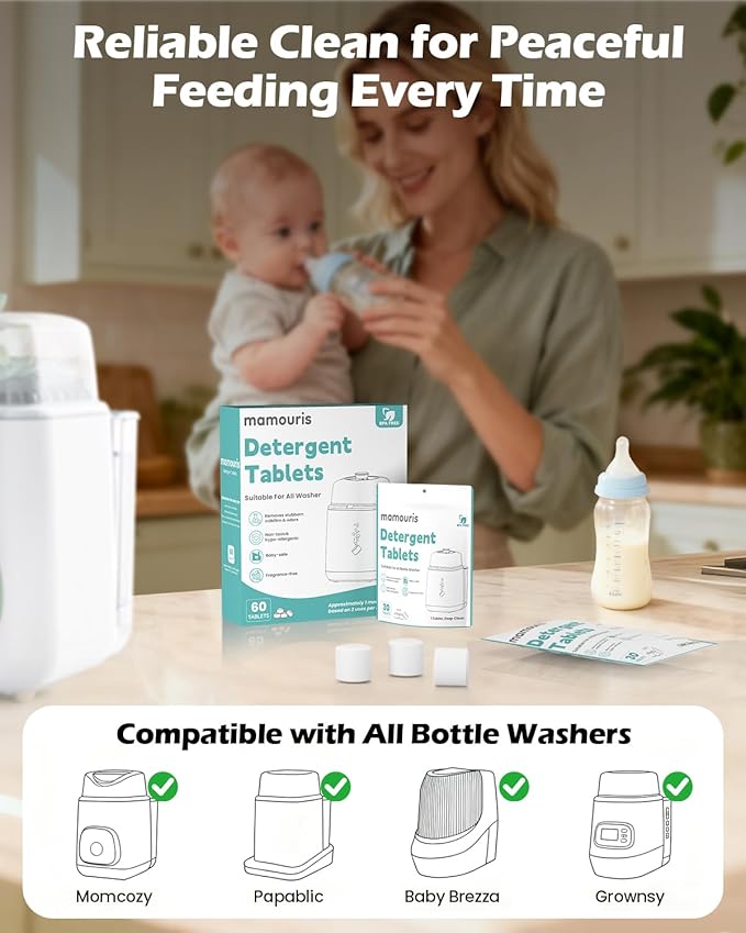 60PCS Official Detergent Cleaning Tablets: for Baby Brezza Grownsy Papablic Momfann Bottle Washer - Baby Bottle Washer Tablets for All Brands Bottles Washers Machines