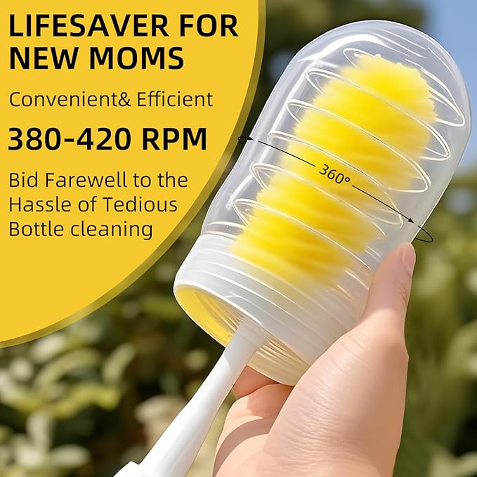 Electric Bottle Brush,Electric Baby Bottle Brush Set with Silicone Bottle/Pacifier/Straw Brush and Mixing Head, Water Bottle Cleaner Brush with Drying Rack, 2 Modes & 360° Rotation (Yellow)