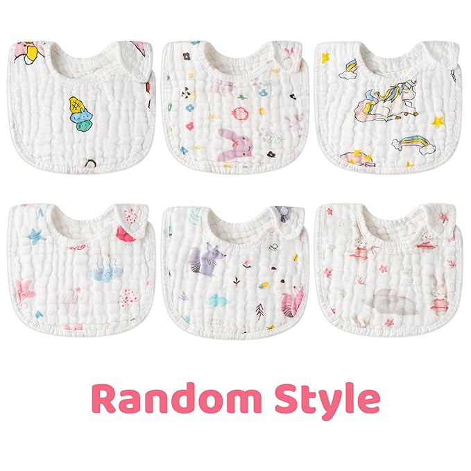 Zainpe 6Pcs Snap Muslin Cotton Baby Bibs Star Cat Rabbit Pattern Adjustable Feeding Bib Machine Washable Unisex Burp Cloths with 6 Absorbent & Soft Layers for Infant Toddler Newborn Eating Drooling