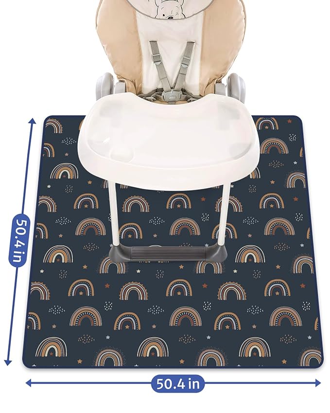 Blissful Diary Baby Splat Mat for Under High Chair, 50.4 x 50.4 Inch Wipeable Splash Mat, Waterproof and Washable, Anti-Slip Floor Protector, Retro Rainbow