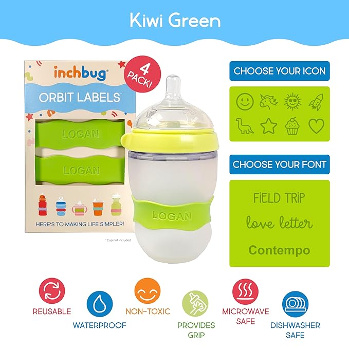 InchBug Orbit Labels Baby Bottle and Water Bottle Silicone Name Bands – Personalized Reusable Label Set for Daycare, Sippy Cups, Preschool, Elementary School, Dishwasher Safe, 4-Pack (Kiwi Green)