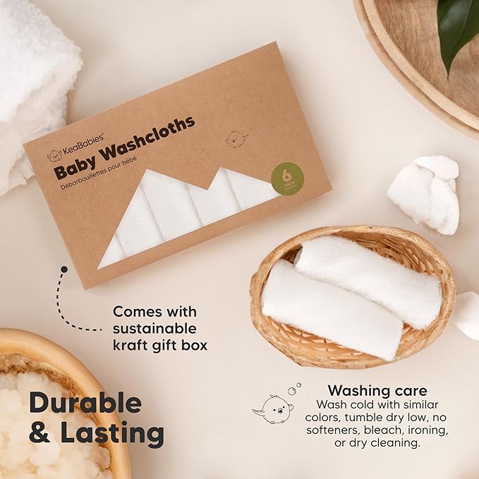 6-Pack Baby Washcloths - Soft Absorbent Viscose from Bamboo Wash Cloths for Babies, Kids, Toddlers, Infant, Newborn Bath Towels, Gentle on Sensitive Skin, 10x10 Reusable Face Towels (White)