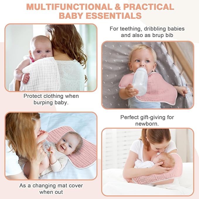 MUKIN Baby Muslin Burp Cloth Set of 6, Ultra Soft Absorbent Thick Cotton Burping Cloths for Unisex Newborn Babies, 20'' by 10'' Neutral Milk Spit Up Rags Boys Girls - Baby Must Haves. (Gradient Pink)