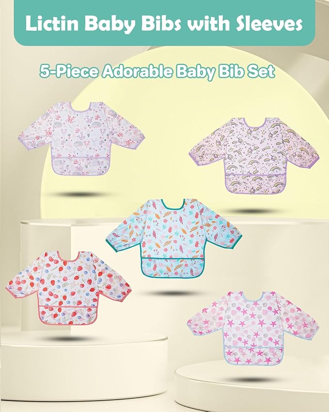 Lictin Long Sleeve Bibs 5 Pack - Baby Bibs, Waterproof Toddler Bibs, Baby Smock for Eating, Baby Bibs for Feeding Teething