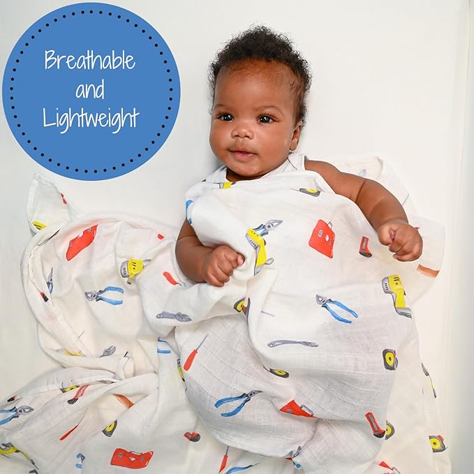 LollyBanks Muslin Swaddle Blankets, Soft Cotton Muslin Baby Blanket, 47 x 47 Inches Newborn Swaddle, Baby Boy Essentials, Registry (Tool Box Print)