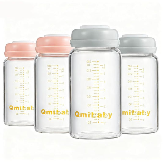 Breast Milk Storage Bottles 240ml 8oz BPA-Free Leak-Proof Natural Baby Bottle for Breastmilk Storage Wide Neck Bottles with Screw Ring Sealing Disk Breastfeeding (Grey+Pink, 240ml-4Packs)