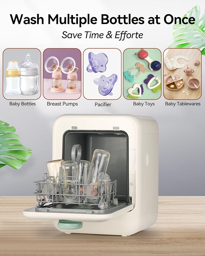 ICUIRE Baby Bottle Washer and Sterilizer and Dryer, 131-167°F High Temperature Sterilize for Baby Stuff, 3.2L Water Tank to Clean Bottles, Pump Part &Pacifiers&Bowl, Newborn Parents One-Hand Operation