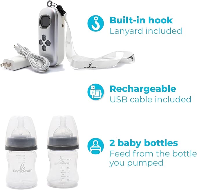 Primo Passi - Double Electric Breast Pump Portable | Small Easy to Carry | Rechargeable Battery Breastpump | Saca Leche
