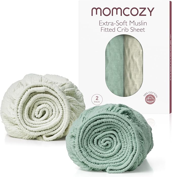 Momcozy Muslin Mini Crib Sheets Fitted - 38''x26'' Pack and Play Sheets for Pack N Play Mattress, 2 Pack Soft & Breathable Natural Cotton Non Slip Bed Cover for Boys, Girls, Grey Green