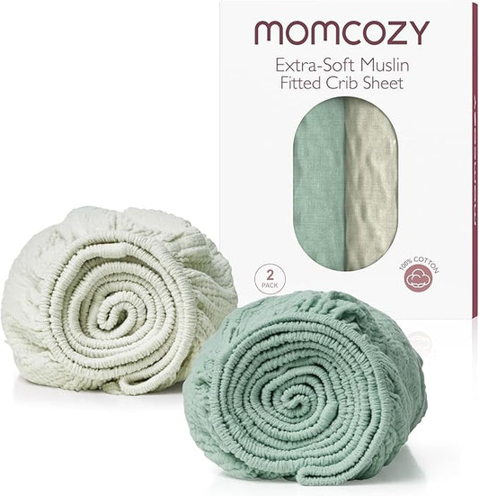 Momcozy Muslin Mini Crib Sheets Fitted - 38''x26'' Pack and Play Sheets for Pack N Play Mattress, 2 Pack Soft & Breathable Natural Cotton Non Slip Bed Cover for Boys, Girls, Grey Green