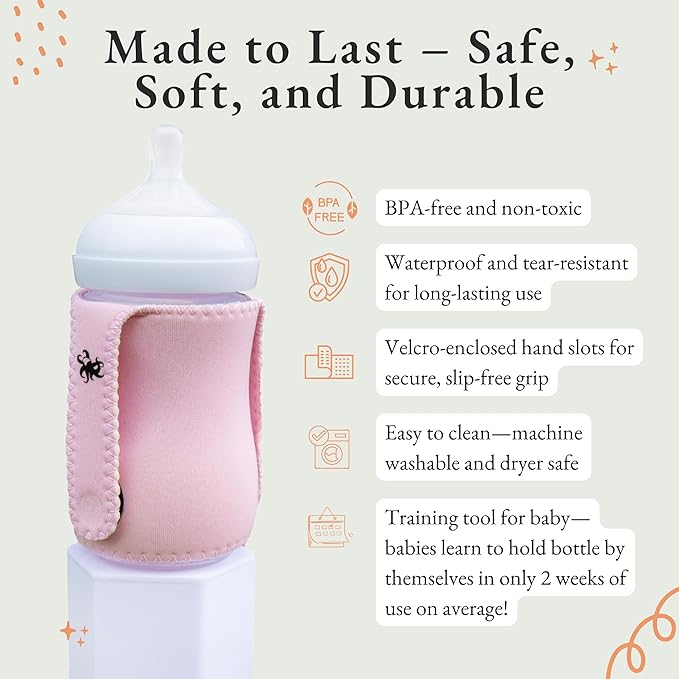 Baby Bottle Sleeve for Self-Feeding - Neoprene Baby Bottle Cover for Infants & Toddlers - BPA-Free, Adjustable Velcro Fit - for Ages 5 to 18 Months - Machine Washable (Baby Pink)