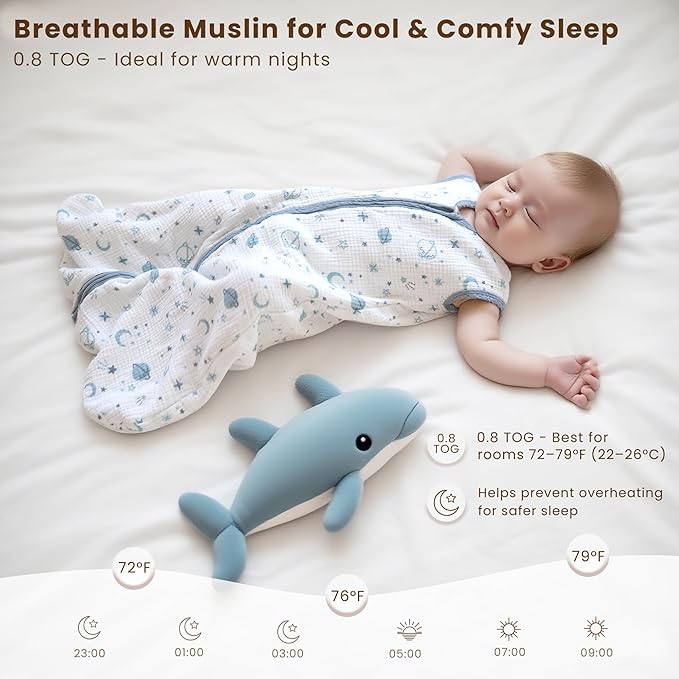 Konssy Muslin Baby Sleep Sack 6-12 Months 0.8 TOG, 2 Pack 100% Cotton Wearable Blanket for Babies, 2-Way Zipper Breathable Sleeping Sack Infant Toddler Essentials for Girls and Boys (Star, Blue)