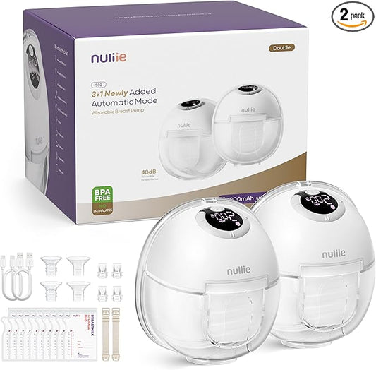 Nuliie Hands-Free Breast Pump, Wearable Breastfeeding Pump 4 Modes 9 Levels with 18/21/24MM Flange, Electric Breast Pump Portable, Replaced Pumping Accessories Included (2 Packs, White)