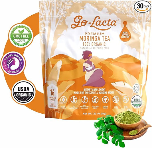 Go-Lacta Organic Moringa Tea – Increase Breast Milk Supply – Natural Lactation Tea for Breastfeeding Moms – Caffeine-Free Herbal Galactagogue – Prenatal Safe – 32 Servings
