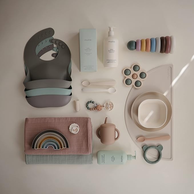 mushie Silicone Baby Bib | Adjustable Fit Waterproof Bibs (Silver Sage)