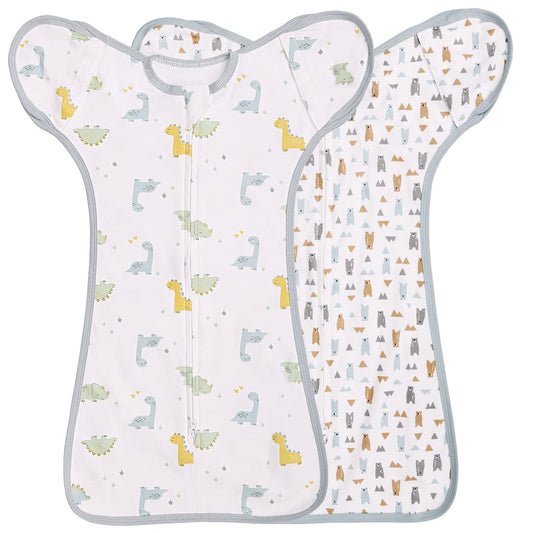 2 Pack Transition Swaddle with 2 Way Zipper, 2 in 1 Arms in/Out Transitional Arms Up Swaddle, 100% Cotton Newborn Swaddles Zipper Swaddles Baby Swaddling Sack Sleeping Sack 3-6 Months, Dinosaur & Bear