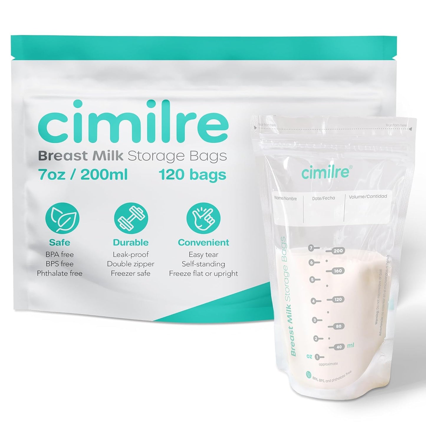 Breast Milk Storage Bags by Cimilre, Leak-Proof Breastmilk Storage Bags, Freeze Flat or Standing, 7 oz. Bags (120 Pack)