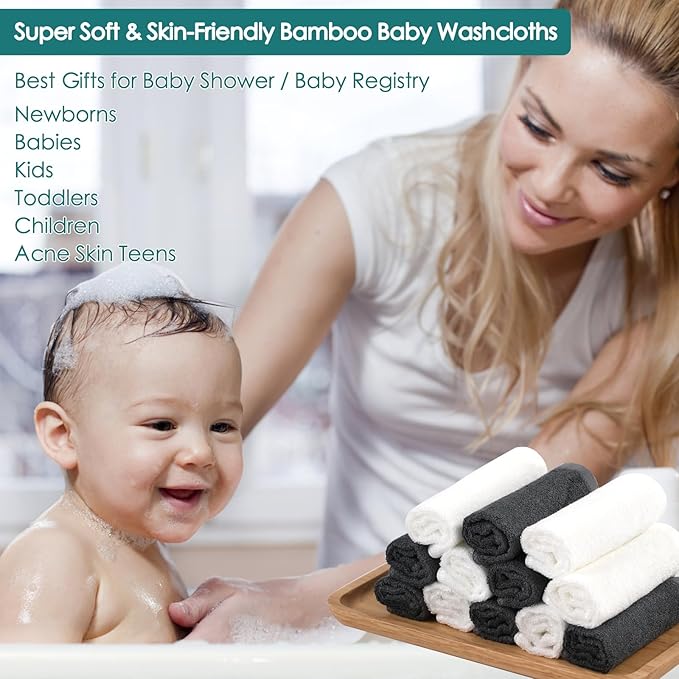 Baby Washcloths 12 Pack, 10x10 inch Heavenly Soft Wash Cloths for Face and Body, Gentle & Safe White Face Towels on Sensitive Skin, Baby Essentials Bath Shower Gifts for Infant Kid Toddler Children