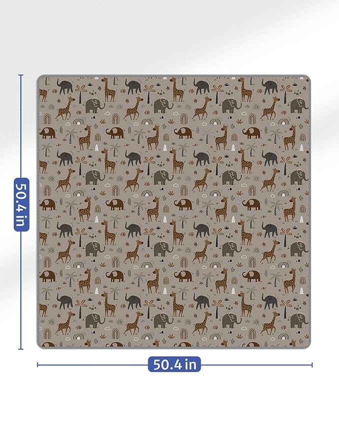 Blissful Diary Baby Splat Mat for Under High Chair, 50.4 x 50.4 Inch Wipeable Splash Mat, Waterproof and Washable, Anti-Slip Floor Protector, Elephant&Giraffe