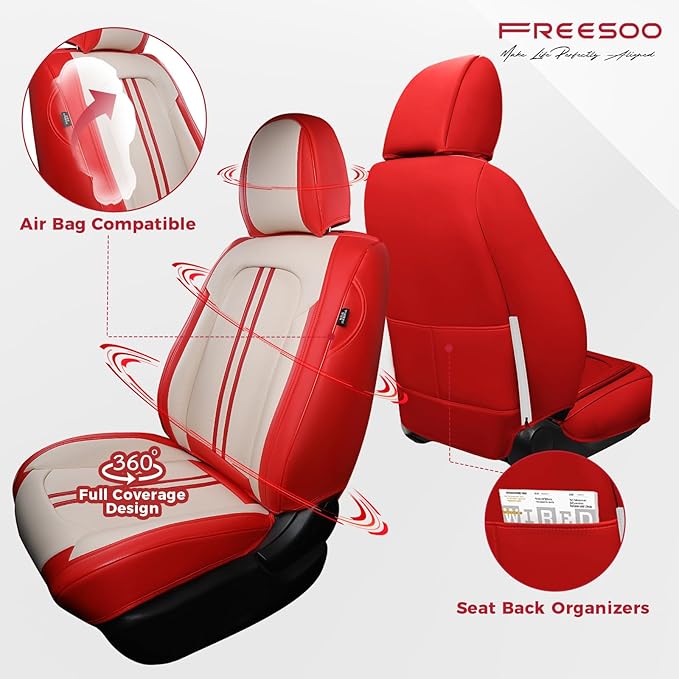 FREESOO Leather Car Seat Covers Full Set, Beige Red Seat Covers for Cars SUV Trucks, Waterproof Car Seat Cover Back Seat and Front, Luxury Auto Seat Covers Protector Cushion Fit for Most Vehicles