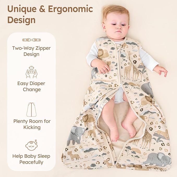 Baby Sleep Sack 6-12 Months 100% Cotton Lightweight 0.5 TOG Wearable Blanket Baby Sleep Bag with 2-Way Zipper for Newborn Infant Apricot Elephant