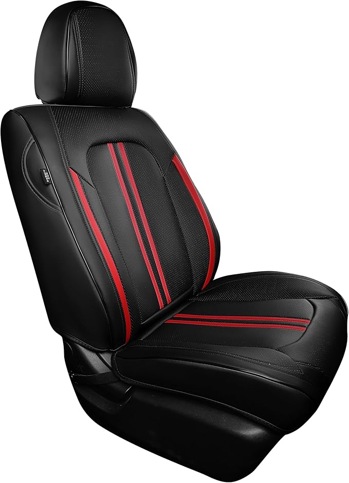 FREESOO Front Seats 2PCS Leather Car Seat Covers, Ultra Breathable Waterproof Seat Covers for Cars Trucks SUV, Carseat Protector Car Seat Cover Fit for Most Vehicles, Black Red Line