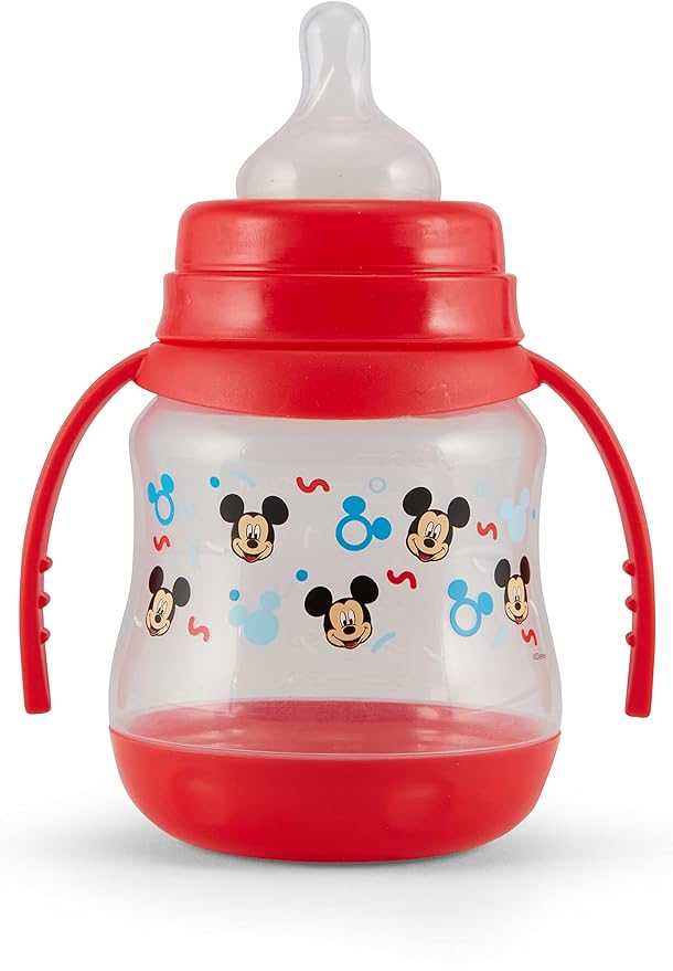Disney 2 Pack 7 Ounce Baby Bottles with Character Prints and Colored Covers with Double Handle - BPA Free and Easy to Clean