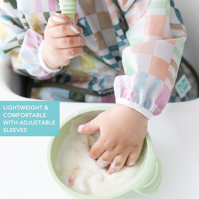 Bumkins Sleeved Bib for Girl or Boy, Baby and Toddler for 6-24 Mos, Essential Must Have for Eating, Feeding, Baby Led Weaning Supplies, Long Sleeve Mess Saving Food Catcher, Soft Fabric, Multi Check