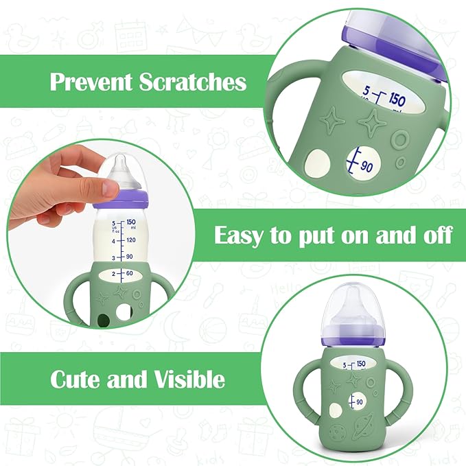 BUSOHA 3 Pack Silicone Sleeves for Lansinoh Glass Bottles - Wide Neck Baby Bottles Sleeves for Lansinoh Bottles Baby Anti-Colic Bottle Holder with Handle Anti Breakage Silicone Protector,5 oz