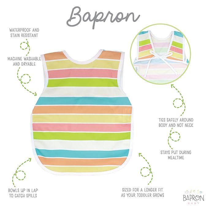 BapronBaby Rainbow Stripes Bapron - No Neck Tie Safer Bib for Baby & Toddler - Soft Waterproof Stain Resistant - Machine Washable - Sz Preschool 3-5yrs
