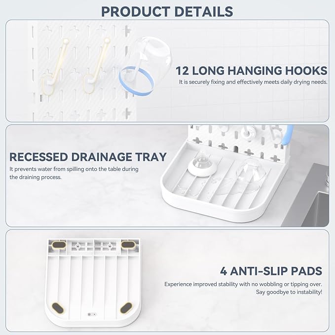 Baby Bottle Drying Rack Bottle Dryer Rack for 12 Bottle Drying Rack Space Saving Kitchen Countertop Vertical Cup Drainer Rack Detachable Baby Bottle Holder Storage Organizer Pump Part Dryer Rack White