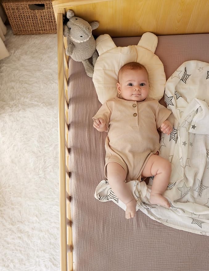 Momcozy Muslin Mini Crib Sheets Fitted - 38''x26'' Pack and Play Sheets for Pack N Play Mattress, 2 Pack Soft & Breathable Natural Cotton Non Slip Bed Cover for Boys, Girls, Beige Coffee Red