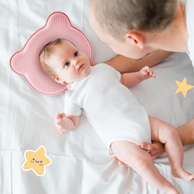 Soft and Breathable Baby Pillow with Memory Foam and Bear Design (Pink)