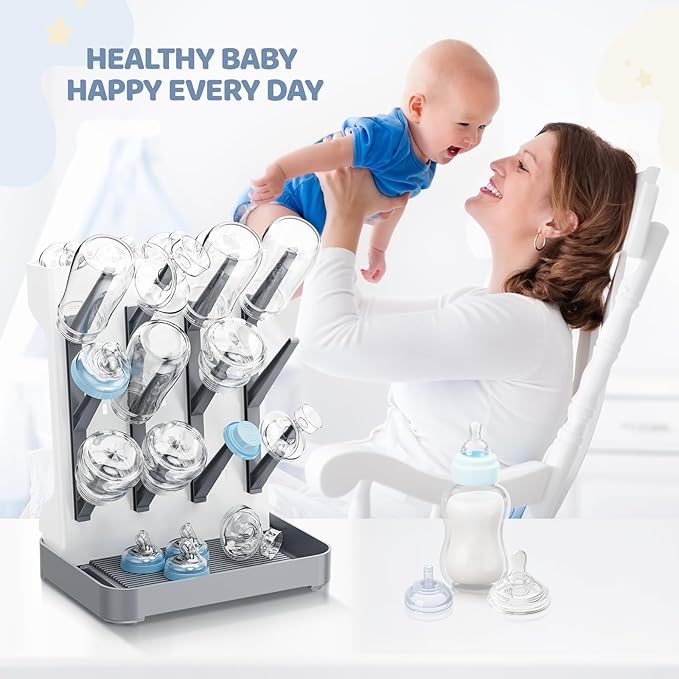 Baby Bottle Drying Rack, Baby Bottle Organizer for Countertop, Bottle Holder for Baby- Space Saving Standing Drying Rack for Baby Bottles and Pump Part Cleaning (Gray)