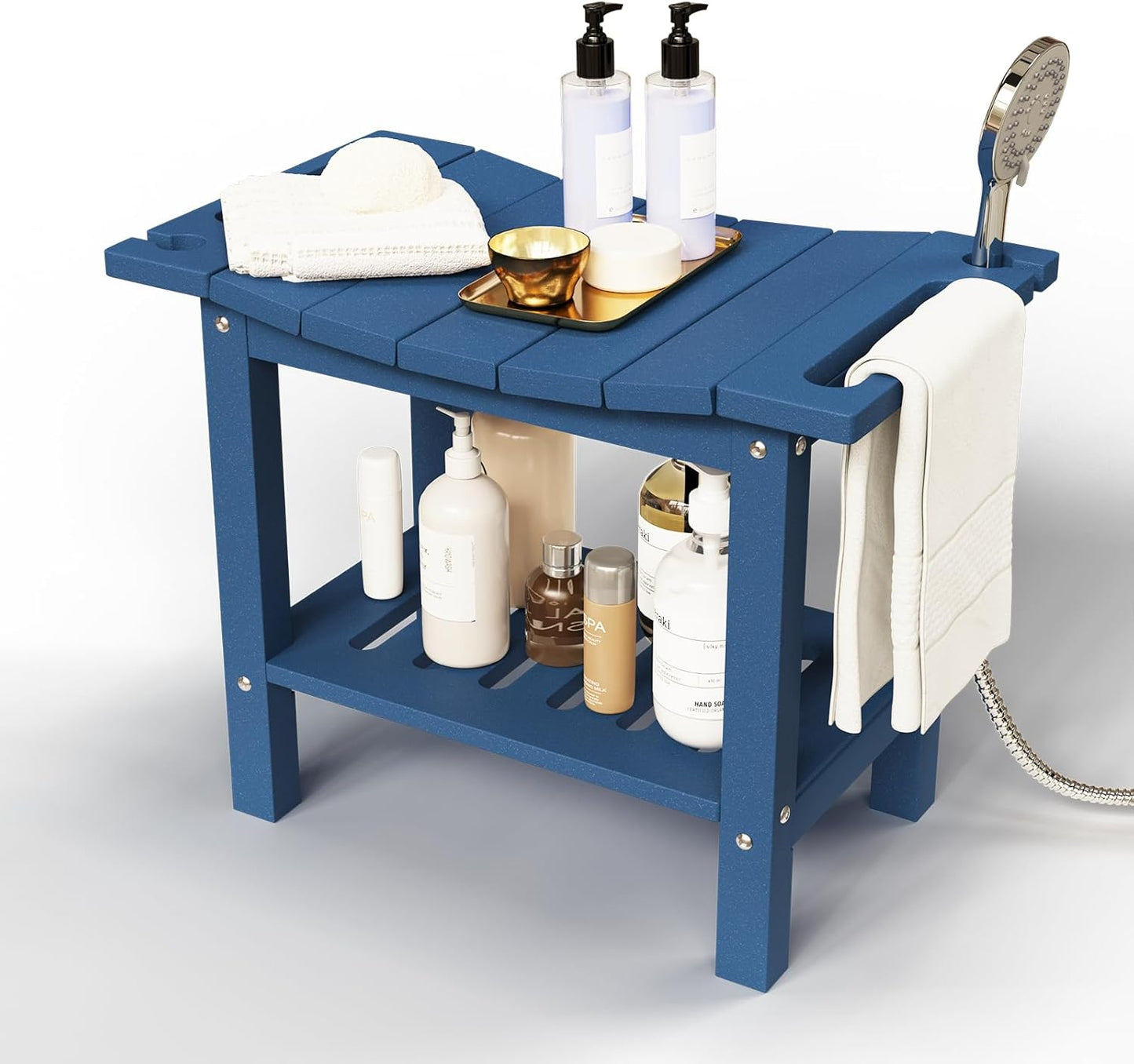 HDPE Shower Bench Stool for Inside Shower, Non-Slip Shower Stool for Shaving Legs with Storage Shelf, Waterproof Shower Chair Spa Bath Seat for Indoor & Outdoor Use (Navy)